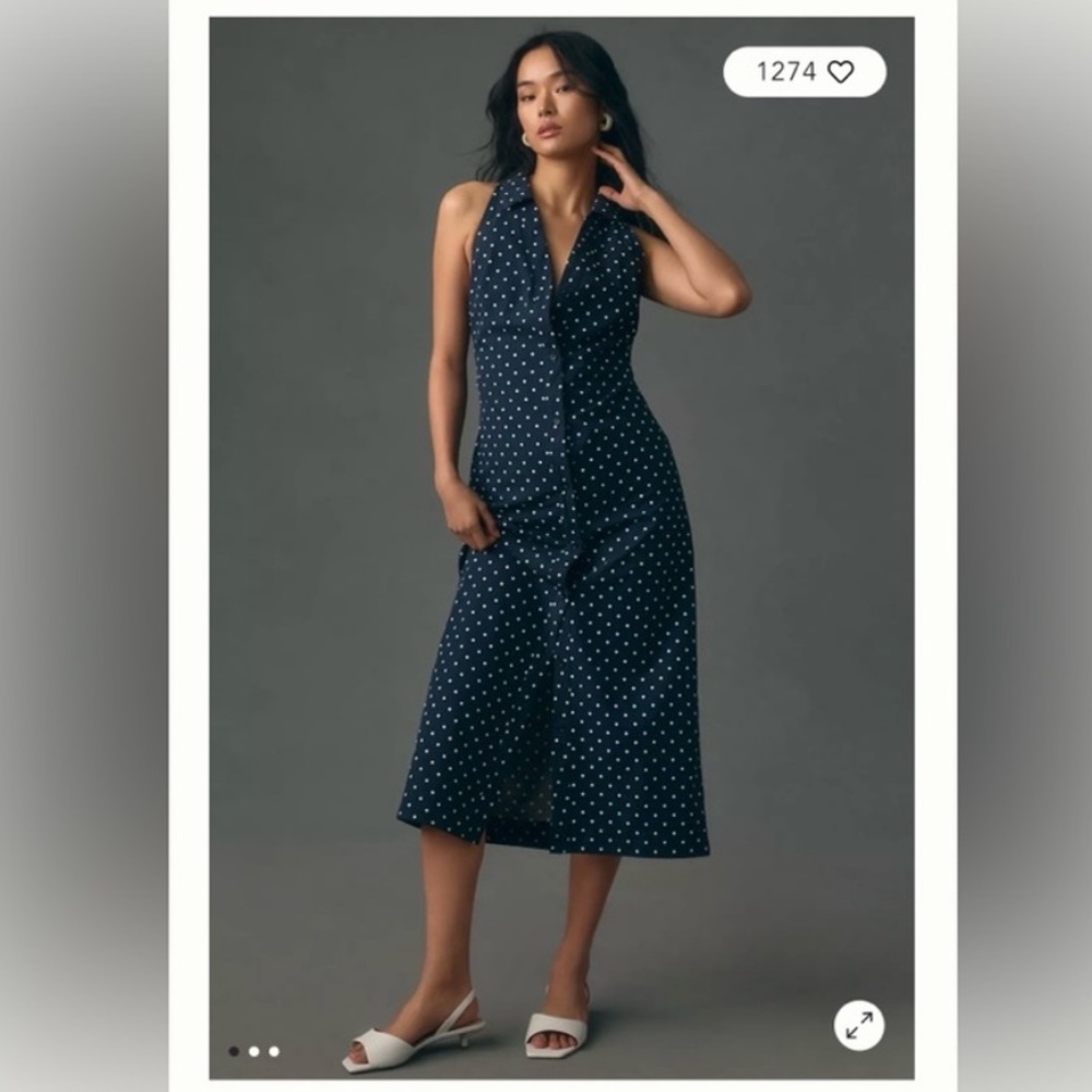 NWT Anthropologie Maeve navy blue polka dot midi dress with collar and buttons